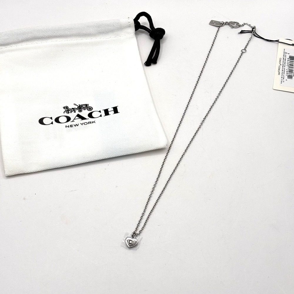Coach Necklace 14k Silver Tone Monogram Logo Heart NEW